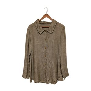 Flax Designs Shirt Womens Large Brown Tan Green Woven Linen Button Up Tunic S/M